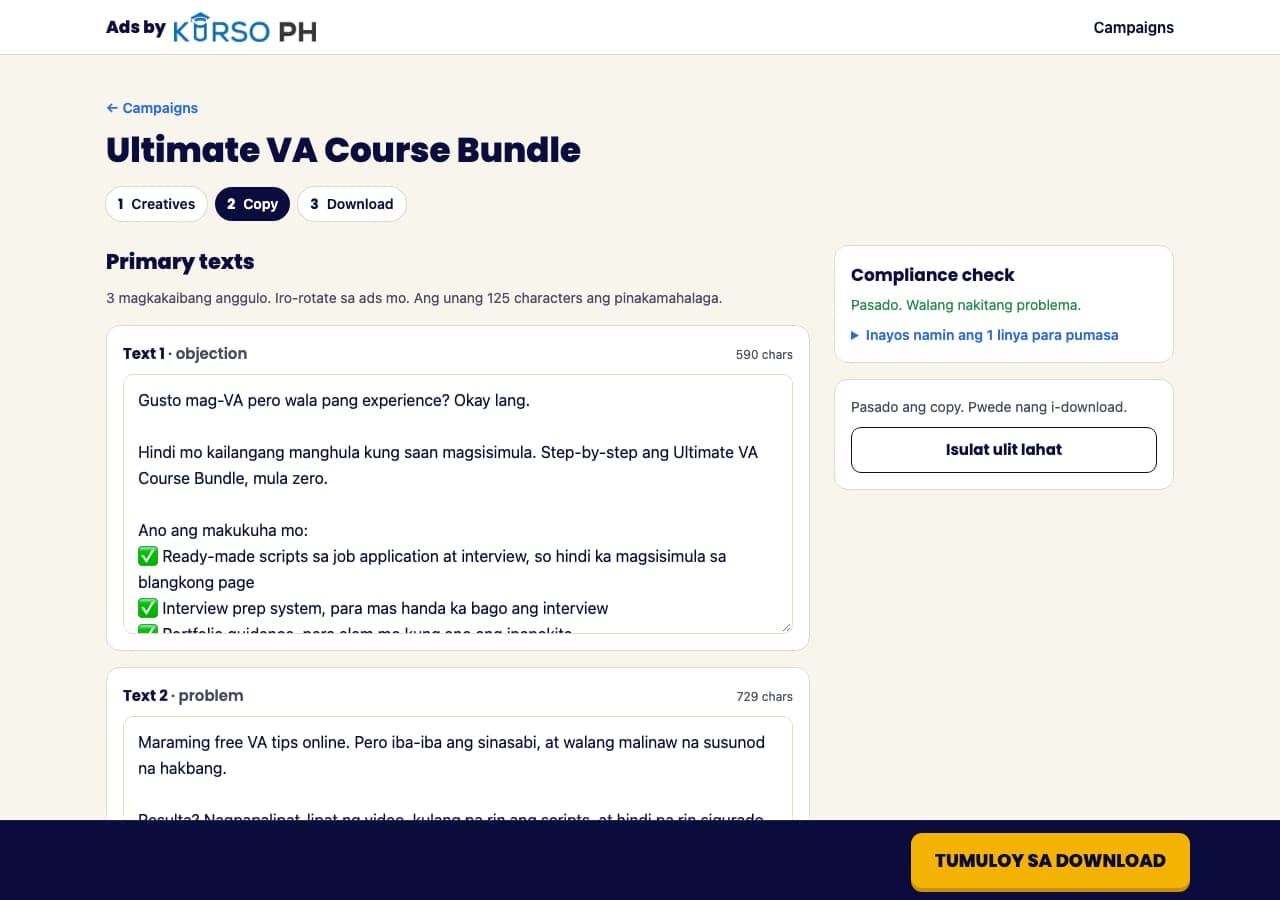 Ads by Kurso: reviewing and editing the copy