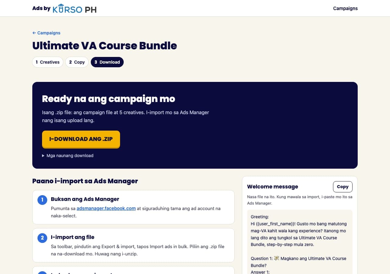 Ads by Kurso: downloading the ZIP with the import guide